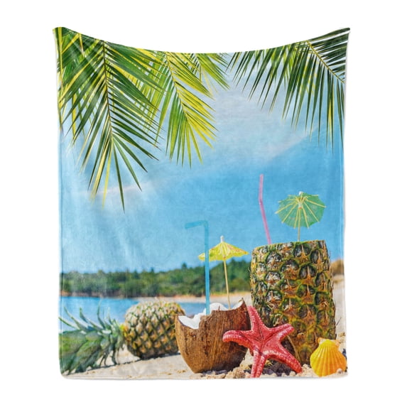 Tropical Soft Flannel Fleece Blanket, Fresh Summer Fruits Coconut and Pineapple Drinks at Exotic Beach Palm Trees, Cozy Plush for Indoor and Outdoor Use, 70" x 90", Blue Green Brown, by Ambesonne
