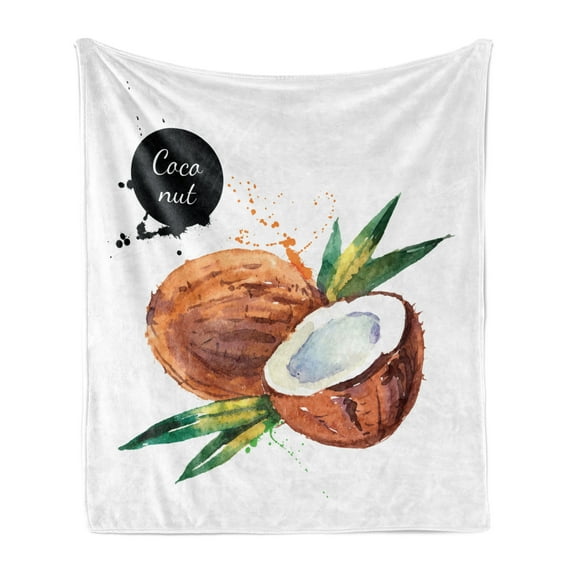Tropical Soft Flannel Fleece Blanket, Hand Drawn Aquarelle Coconut with Brush Marks Fruit of Hawaii Leaves, Cozy Plush for Indoor and Outdoor Use, 50" x 70", Fern Green Brown Black, by Ambesonne