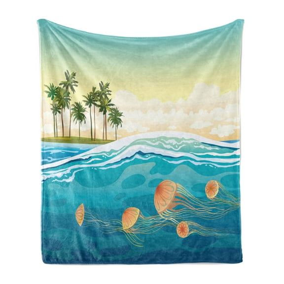 Tropical Soft Flannel Fleece Blanket, Jellyfish in the Ocean by Palm Tree Island Exotic Cloudy Seascape Season Scenery, Cozy Plush for Indoor and Outdoor Use, 50" x 60", Multicolor, by Ambesonne