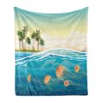 thumbnail image 1 of Tropical Soft Flannel Fleece Blanket, Jellyfish in the Ocean by Palm Tree Island Exotic Cloudy Seascape Season Scenery, Cozy Plush for Indoor and Outdoor Use, 60" x 80", Multicolor, by Ambesonne, 1 of 6