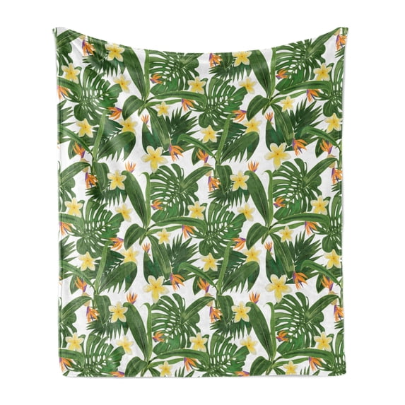 Tropical Soft Flannel Fleece Blanket, Monstera Palm Leaves Hibiscus Flowers Strelitzia Pattern on Plain Backdrop, Cozy Plush for Indoor and Outdoor Use, 50" x 70", White Olive Green, by Ambesonne