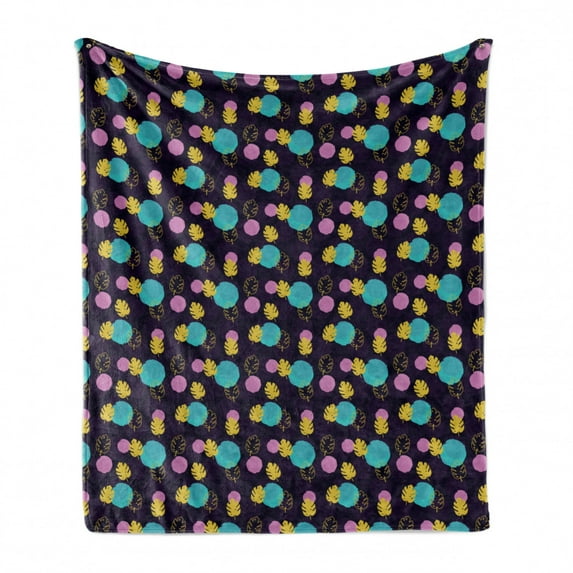 Tropical Soft Flannel Fleece Blanket, Palm Leaves and Paint Blots Polka Dots Geometrical Design Pattern, Cozy Plush for Indoor and Outdoor Use, 70" x 90", Dark Purple and Multicolor, by Ambesonne
