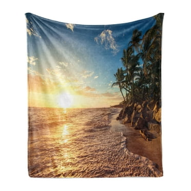 Tropical Soft Flannel Fleece Blanket, Palm Trees on Tropical Beach Sunrise Morning View Panoramic Nature Picture, Cozy Plush for Indoor and Outdoor Use, 70" x 90", Blue Yellow Brown, by Ambesonne