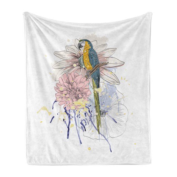 Tropical Soft Flannel Fleece Blanket, Parrot Bird Sitting on Dahlia Daisy and Hibiscus Flower Bouquet Brushstroke Effect, Cozy Plush for Indoor and Outdoor Use, 70" x 90", Multicolor, by Ambesonne