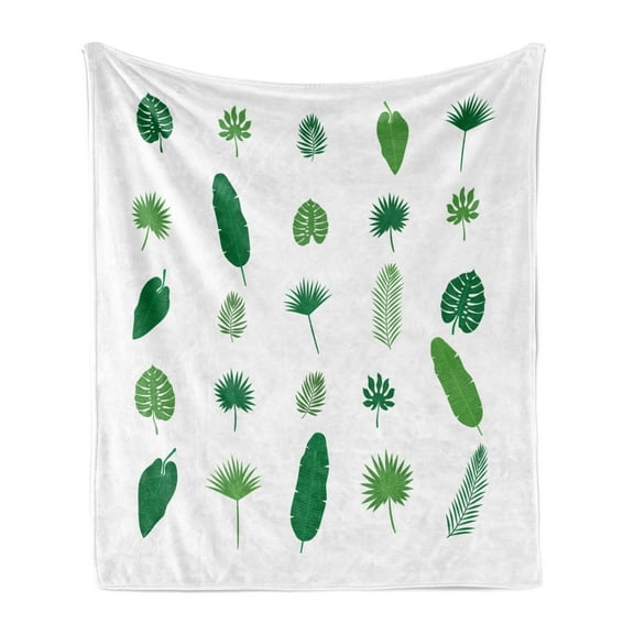 Tropical Soft Flannel Fleece Blanket, Pattern of Different Tree Leaves and Petals Tropical Nature Elements, Cozy Plush for Indoor and Outdoor Use, 60" x 80", Green Lime Green White, by Ambesonne