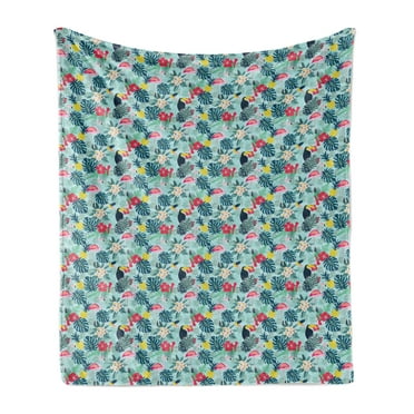 Tropical Soft Flannel Fleece Blanket, Pattern with Flamingo Pineapple Toucan and Monstera Leaves Island Plants and Birds, Cozy Plush for Indoor and Outdoor Use, 50" x 70", Multicolor, by Ambesonne