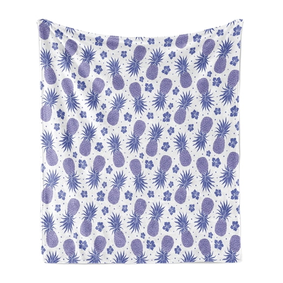 Tropical Soft Flannel Fleece Blanket, Pineapples on a Hibiscus and Dots Background Flourishing Hawaiian Summer, Cozy Plush for Indoor and Outdoor Use, 50" x 60", Lavender and Purple, by Ambesonne
