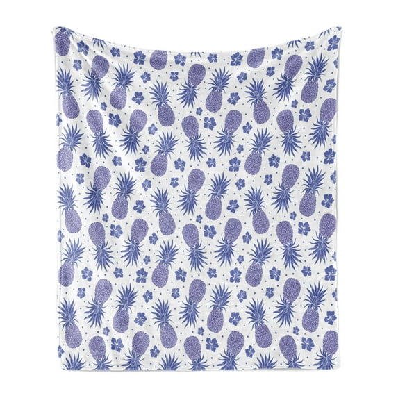Tropical Soft Flannel Fleece Blanket, Pineapples on a Hibiscus and Dots Background Flourishing Hawaiian Summer, Cozy Plush for Indoor and Outdoor Use, 70" x 90", Lavender and Purple, by Ambesonne