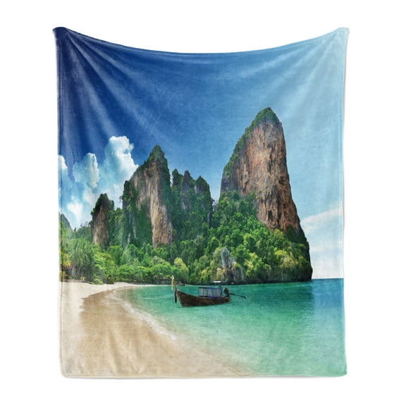 Tropical Soft Flannel Fleece Blanket, Railay Beach Krabi Thailand Small Boat Crystal Water Rock Cliff Tropical Landscape, Cozy Plush for Indoor and Outdoor Use, 50" x 60", Blue Green, by Ambesonne
