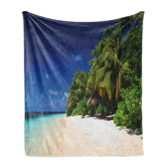Tropical Soft Flannel Fleece Blanket, Sandy Beach Coast with Exotic Trees Maldives Paradise Surreal Scenery, Cozy Plush for Indoor and Outdoor Use, 50" x 60", Lime Green Blue Cream, by Ambesonne