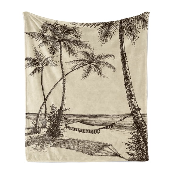 Tropical Soft Flannel Fleece Blanket, Sketch Style Hammock Sandy Beach with Palm Trees Travel Classic Hand Drawn, Cozy Plush for Indoor and Outdoor Use, 60" x 80", Cream Dark Brown, by Ambesonne