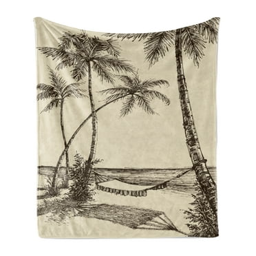 Tropical Soft Flannel Fleece Blanket, Sketch Style Hammock Sandy Beach with Palm Trees Travel Classic Hand Drawn, Cozy Plush for Indoor and Outdoor Use, 70" x 90", Cream Dark Brown, by Ambesonne