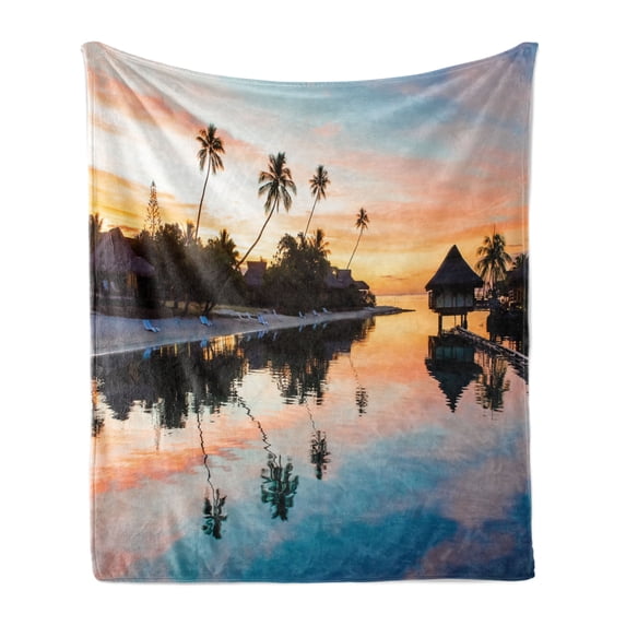 Tropical Soft Flannel Fleece Blanket, Tropical Sunset Moorea French Polynesia Reflection Resort Scenic Waterscape, Cozy Plush for Indoor and Outdoor Use, 50" x 60", Yellow Coral Blue, by Ambesonne