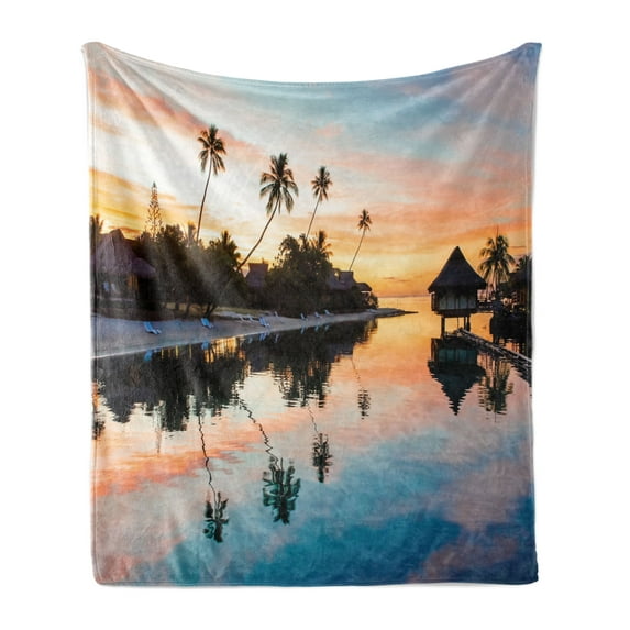 Tropical Soft Flannel Fleece Blanket, Tropical Sunset Moorea French Polynesia Reflection Resort Scenic Waterscape, Cozy Plush for Indoor and Outdoor Use, 70" x 90", Yellow Coral Blue, by Ambesonne