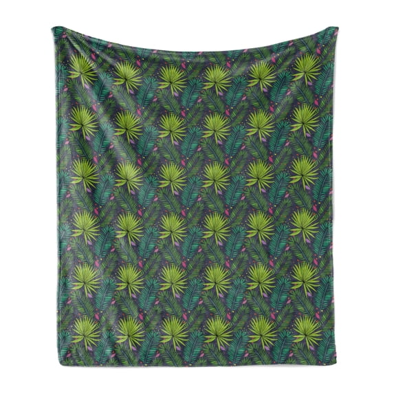 Tropical Soft Flannel Fleece Blanket, Tropical Leaves in Sketch Style Aralia and Fern Inspired Foliage Spotted Backdrop, Cozy Plush for Indoor and Outdoor Use, 70" x 90", Multicolor, by Ambesonne