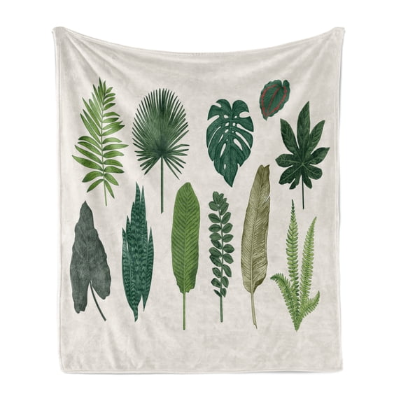 Tropical Soft Flannel Fleece Blanket, Vintage Botanical Composition of Different Kinds of Tree Leaves from Exotic Nature, Cozy Plush for Indoor and Outdoor Use, 60" x 80", Multicolor, by Ambesonne