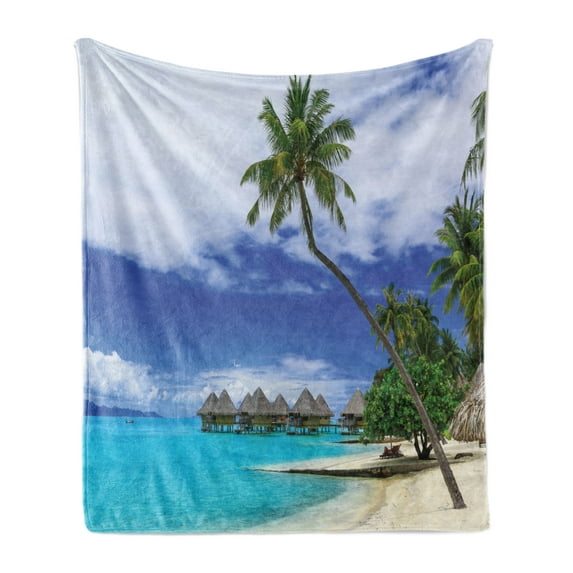 Tropical Soft Flannel Fleece Blanket, Water Bungalows of Tropical Resort Bora Bora Island Pacific Ocean Panorama, Cozy Plush for Indoor and Outdoor Use, 70" x 90", White Green Blue, by Ambesonne