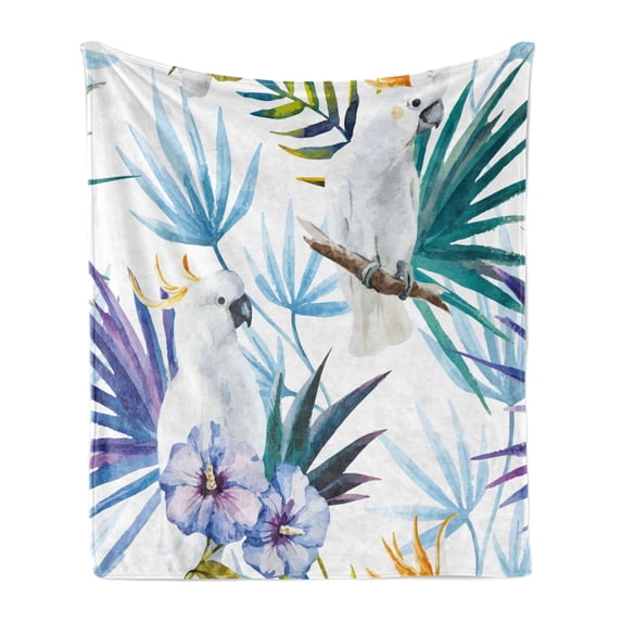 Tropical Soft Flannel Fleece Blanket, Watercolor White Parrot Birds on Palm Tree Branches Leaves Exotic Nature Artwork, Cozy Plush for Indoor and Outdoor Use, 50" x 60", Multicolor, by Ambesonne