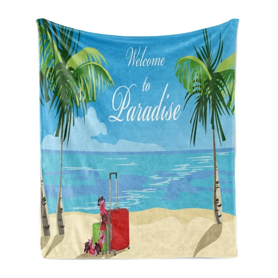 Tropical Soft Flannel Fleece Blanket, Welcome to Paradise Cursive Typography with Suitcases and Palm Trees on the Beach, Cozy Plush for Indoor and Outdoor Use, 60" x 80", Multicolor, by Ambesonne