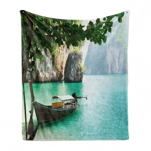 Tropical Soft Flannel Fleece Blanket, World Seascape Seashore Abandoned Boat and Leaves in Jungle Rainforest Cool Exotic, Cozy Plush for Indoor and Outdoor Use, 50" x 60", Multicolor, by Ambesonne
