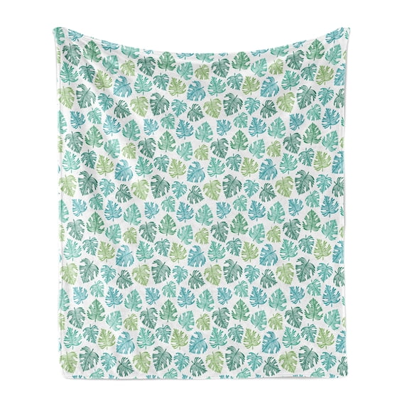 Tropical Soft Flannel Fleece Throw Blanket, Abstract Design Green Tones Exotic Leaves Tropic Botany on Plain Background, Cozy Plush for Indoor and Outdoor Use, 70" x 90", Multicolor, by Ambesonne