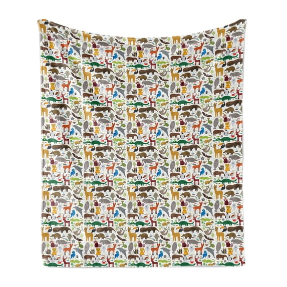 Tropical Soft Flannel Fleece Throw Blanket, Animals from Exotic South America Armadillo Sloth Anteater Capybara Seal Toucan, Cozy Plush for Indoor and Outdoor Use, 70" x 90", Multicolor, by Ambesonne
