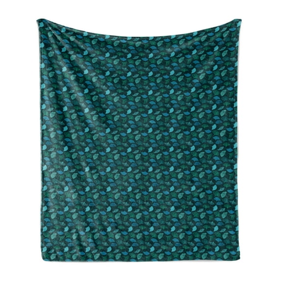 Tropical Soft Flannel Fleece Throw Blanket, Aqua Color Line Art Exotic Ginkgo Leaves Repeating Pattern, Cozy Plush for Indoor and Outdoor Use, 70" x 90", Turquoise Dark Teal, by Ambesonne
