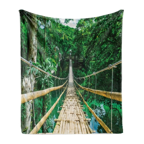 Tropical Soft Flannel Fleece Throw Blanket, Bamboo Pedestrian Suspension Bridge over River in Tropical Forest Philippines, Cozy Plush for Indoor and Outdoor Use, 50" x 60", Green Beige, by Ambesonne