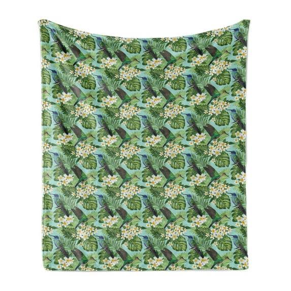 Tropical Soft Flannel Fleece Throw Blanket, Brazilian Rainforest Composition with Branches Plumeria Blooms and Exotic Birds, Cozy Plush for Indoor and Outdoor Use, 60" x 80", Multicolor, by Ambesonne