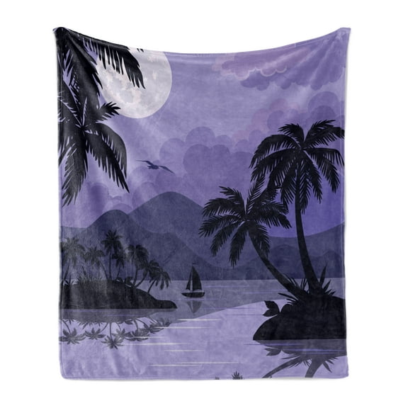 Tropical Soft Flannel Fleece Throw Blanket, Caribbean Island Landscape at Night Full Moon Sailboat and Palm Trees, Cozy Plush for Indoor and Outdoor Use, 70" x 90", Black Lavender White, by Ambesonne