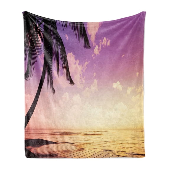 Tropical Soft Flannel Fleece Throw Blanket, Close up Colorful Seaside View Exotic Palm Tree, Cozy Plush for Indoor and Outdoor Use, 50" x 70", Fuchsia Orange, by Ambesonne