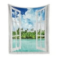 thumbnail image 1 of Tropical Soft Flannel Fleece Throw Blanket, Cloudy Sky and Exotic Forest near Calm Ocean Open Window Summer Scene, Cozy Plush for Indoor and Outdoor Use, 50" x 70", Aqua Green and Blue, by Ambesonne, 1 of 5