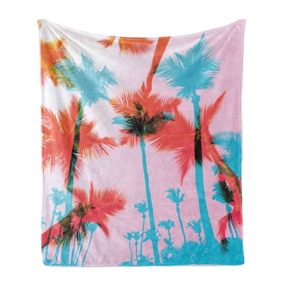 Tropical Soft Flannel Fleece Throw Blanket, Coconut Palm Tree Silhouettes Exotic Island Summer Beach Art, Cozy Plush for Indoor and Outdoor Use, 50" x 60", Dark Coral Turquoise, by Ambesonne