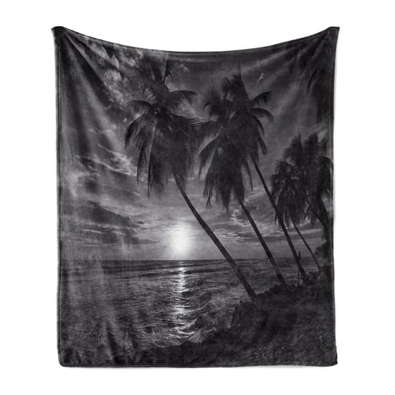 Tropical Soft Flannel Fleece Throw Blanket, Coconut Palm Trees on Beach Bend by the Wind Horizon over the Sea Picture, Cozy Plush for Indoor and Outdoor Use, 70" x 90", Black and White, by Ambesonne