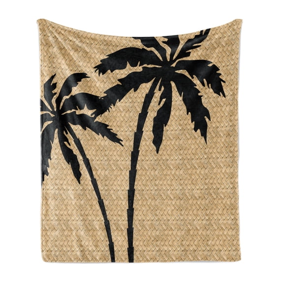 Tropical Soft Flannel Fleece Throw Blanket, Composition with Palm Tree Silhouettes with Zigzag Style Background, Cozy Plush for Indoor and Outdoor Use, 50" x 60", Pale Brown and Black, by Ambesonne