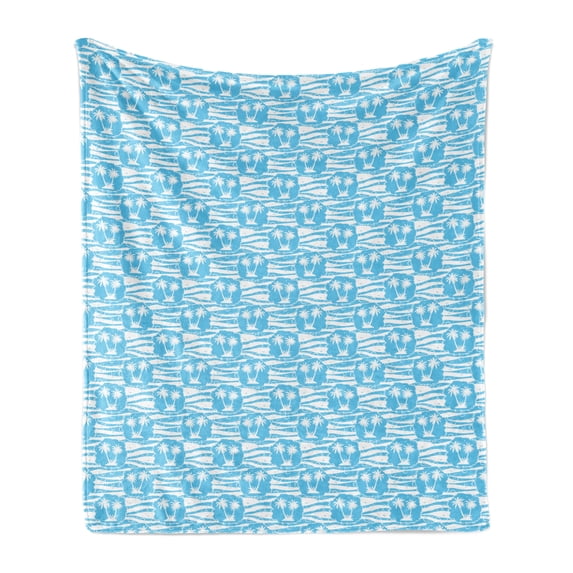 Tropical Soft Flannel Fleece Throw Blanket, Cool Exotic Summer Pattern with Palm Trees and Wavy Bubbly Squares, Cozy Plush for Indoor and Outdoor Use, 70" x 90", Deep Sky Blue and White, by Ambesonne