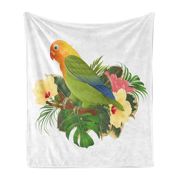 Tropical Soft Flannel Fleece Throw Blanket, Exotic Agapornis Parrot on Branch with Hibiscus Flowers and Leaves Illustration, Cozy Plush for Indoor and Outdoor Use, 70" x 90", Multicolor, by Ambesonne
