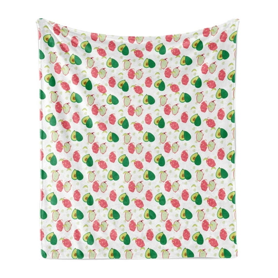 Tropical Soft Flannel Fleece Throw Blanket, Exotic Dragon Fruit and Avocado Illustration Healthy Ripe Produce, Cozy Plush for Indoor and Outdoor Use, 60" x 80", Pale Pink Green, by Ambesonne
