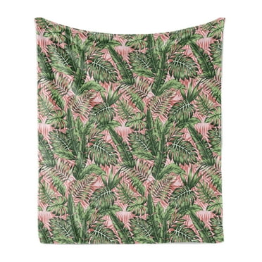 Tropical Soft Flannel Fleece Throw Blanket, Exotic Hawaii Jungle Themed Interpretation of Multitude Palm Leaves, Cozy Plush for Indoor and Outdoor Use, 50" x 60", Green Rose Pastel Pink, by Ambesonne