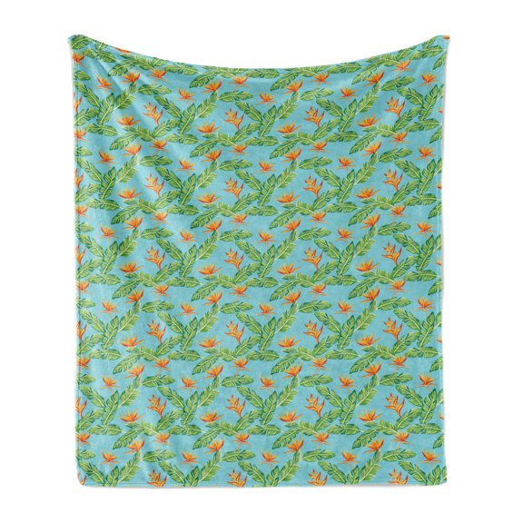 Tropical Soft Flannel Fleece Throw Blanket, Exotic Hawaiian Leaves and Bird of Paradise, Cozy Plush for Indoor and Outdoor Use, 50" x 60", Pale Blue Orange Green, by Ambesonne