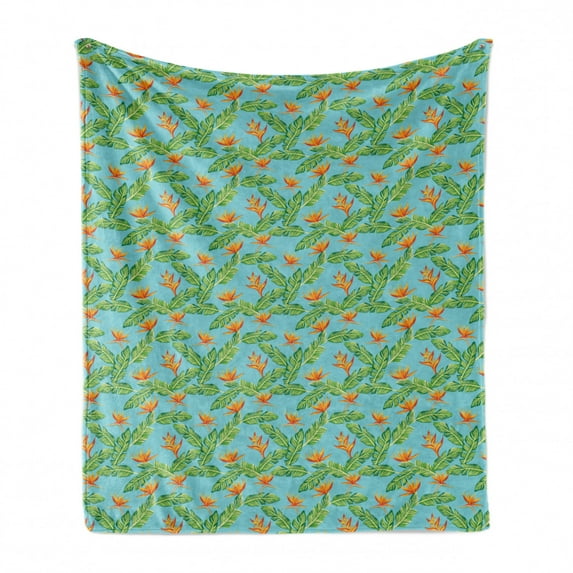 Tropical Soft Flannel Fleece Throw Blanket, Exotic Hawaiian Leaves and Bird of Paradise, Cozy Plush for Indoor and Outdoor Use, 60" x 80", Pale Blue Orange Green, by Ambesonne