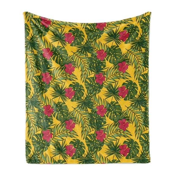 Tropical Soft Flannel Fleece Throw Blanket, Exotic Monstera Leaves and Hibiscus Flowers Hawaiian Foliage Pattern, Cozy Plush for Indoor and Outdoor Use, 50" x 60", Mustard Green Magenta, by Ambesonne
