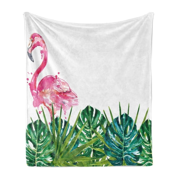 Tropical Soft Flannel Fleece Throw Blanket, Exotic Nature Botanical Artwork Leaves and Flamingo Watercolors Print, Cozy Plush for Indoor and Outdoor Use, 60" x 80", Green Pink Blue, by Ambesonne