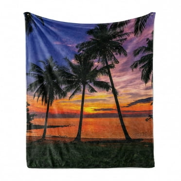 Tropical Soft Flannel Fleece Throw Blanket, Exotic Palm Trees Pattern with Beach and Ocean Sunset in Hawaii Summer Season, Cozy Plush for Indoor and Outdoor Use, 50" x 70", Multicolor, by Ambesonne