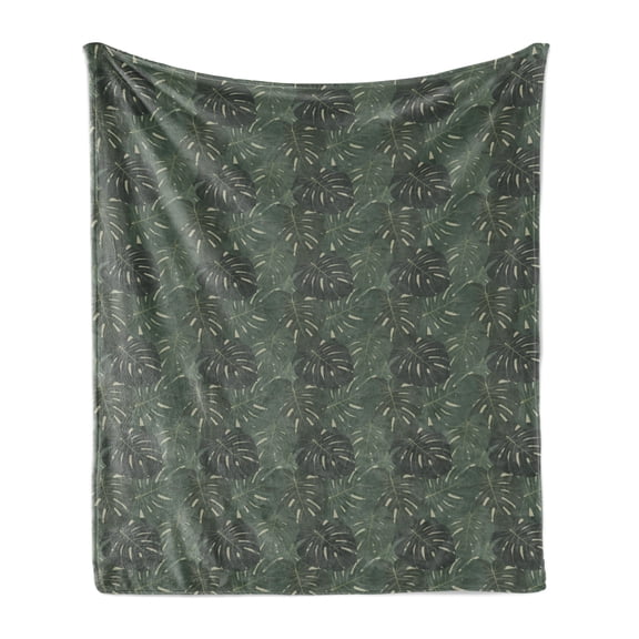 Tropical Soft Flannel Fleece Throw Blanket, Exotic Pattern of Monstera Leaves Hawaiian Plantation, Cozy Plush for Indoor and Outdoor Use, 70" x 90", Grey Reseda Green, by Ambesonne