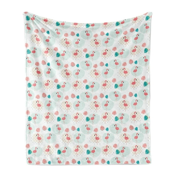 Tropical Soft Flannel Fleece Throw Blanket, Flamingo Birds on Polka Dots Exotic Monstera Leaves Pastel Hawaiian, Cozy Plush for Indoor and Outdoor Use, 50" x 60", Coral and Dark Seafoam, by Ambesonne