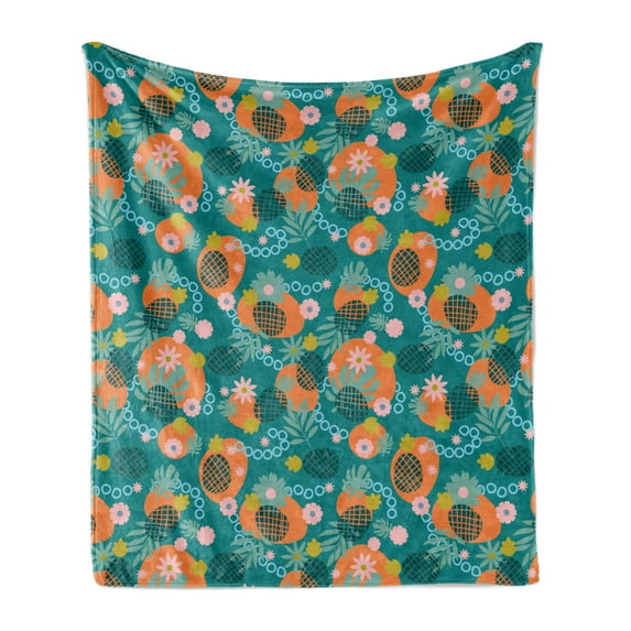Tropical Soft Flannel Fleece Throw Blanket, Flowers Abstract Motifs Monstera in Colorful Arrangement Print, Cozy Plush for Indoor and Outdoor Use, 50" x 60", Teal Marigold, by Ambesonne