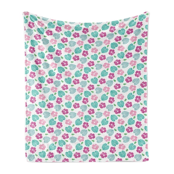 Tropical Soft Flannel Fleece Throw Blanket, Flowers and Leaves Scattered on a Plain Background, Cozy Plush for Indoor and Outdoor Use, 50" x 60", Pink Turquoise, by Ambesonne