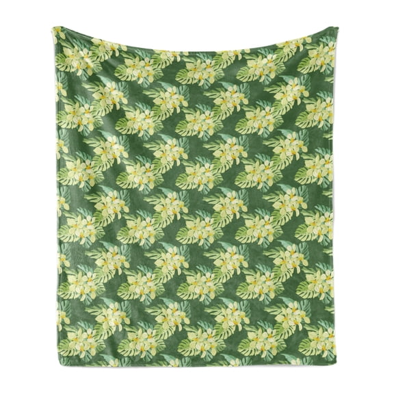 Tropical Soft Flannel Fleece Throw Blanket, Green Tone Pattern of Exotic Flowers and Leaves Summer Theme Aloha Hawaii Party, Cozy Plush for Indoor and Outdoor Use, 60" x 80", Multicolor, by Ambesonne