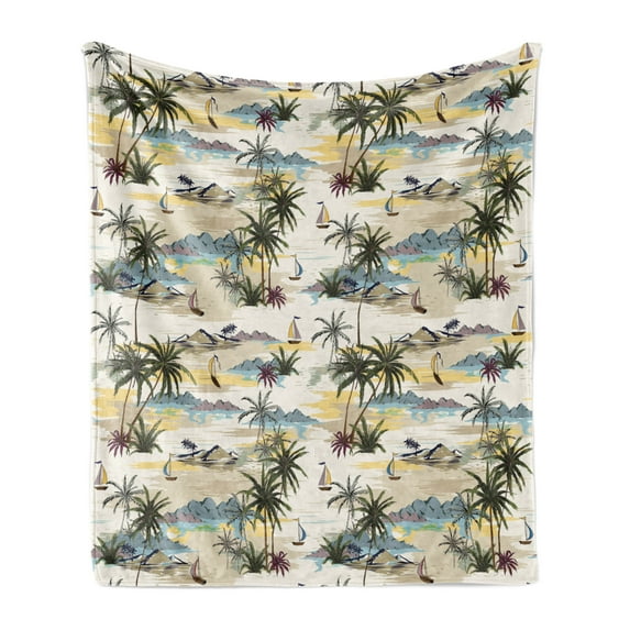 Tropical Soft Flannel Fleece Throw Blanket, Hand Drawn Pastel Hawaiian Scene with Palms Island Beach Ocean, Cozy Plush for Indoor and Outdoor Use, 60" x 80", Olive Green Slate Blue, by Ambesonne